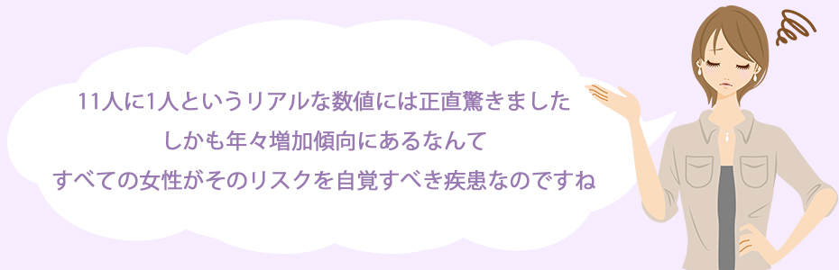 11人に1人というリアルな数値には正直驚きました。しかも年々増加傾向にあるなんて。すべての女性がそのリスクを自覚すべき疾患なのですね。