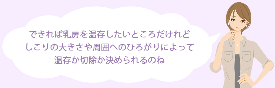 できれば乳房を温存したいところだけれど、しこりの大きさや周囲へのひろがりによって温存か切除か決められるのね。