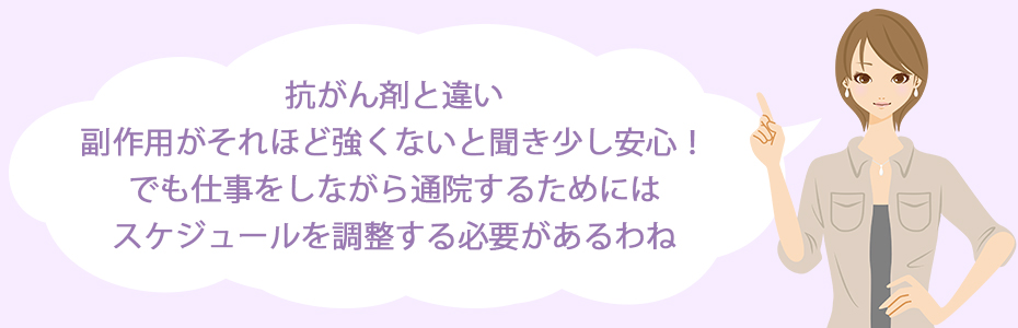 抗がん剤と違い副作用がそれほど強くないと聞き少し安心！でも仕事をしながら通院するためにはスケジュールを調整する必要があるわね。