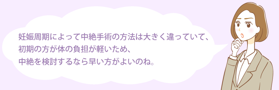 妊娠周期によって中絶手術の方法は大きく違っていて、初期の方が体の負担が軽いため、中絶を検討するなら早い方がよいのね。